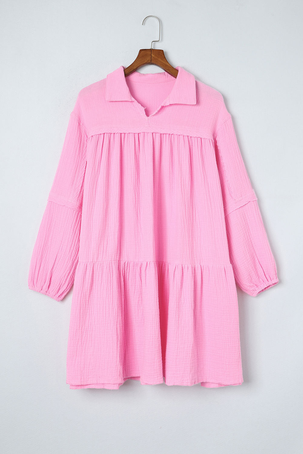 Pink Turn-down Neck Textured Bubble Tunic