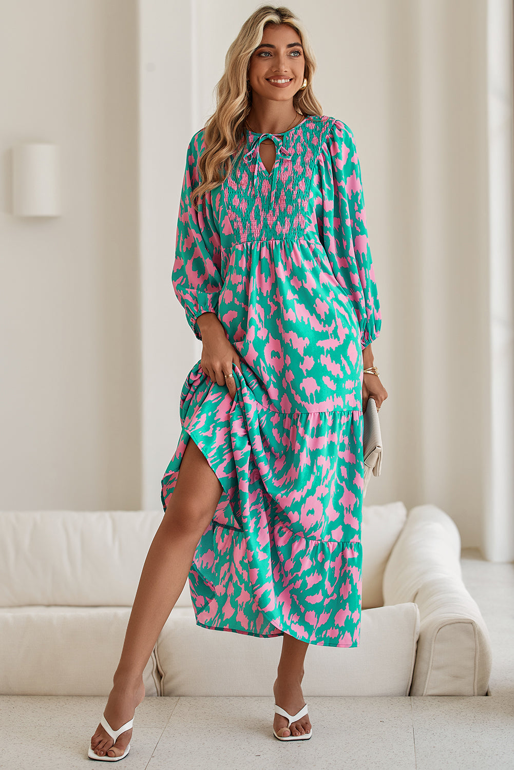 Sky Blue Abstract Print Puff Sleeve Smocked V Neck Maxi Dress