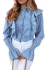 Myosotis Ruffle Shirred Cuffs Button Up Chambray Shirt