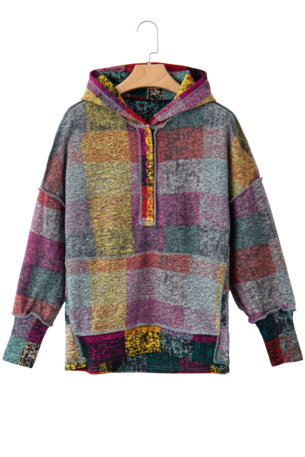 Multicolor Brushed Check Kangaroo Pocket Thumbholes Henley Hoodie