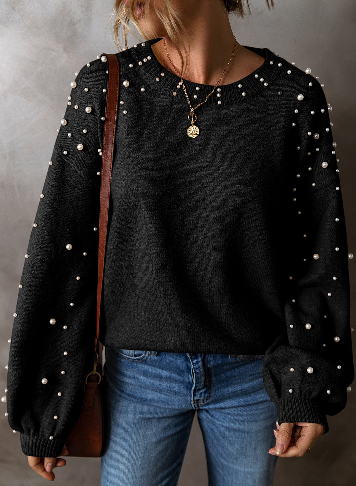 Evergreen Pearl Drop Shoulder Round Neck Sweater