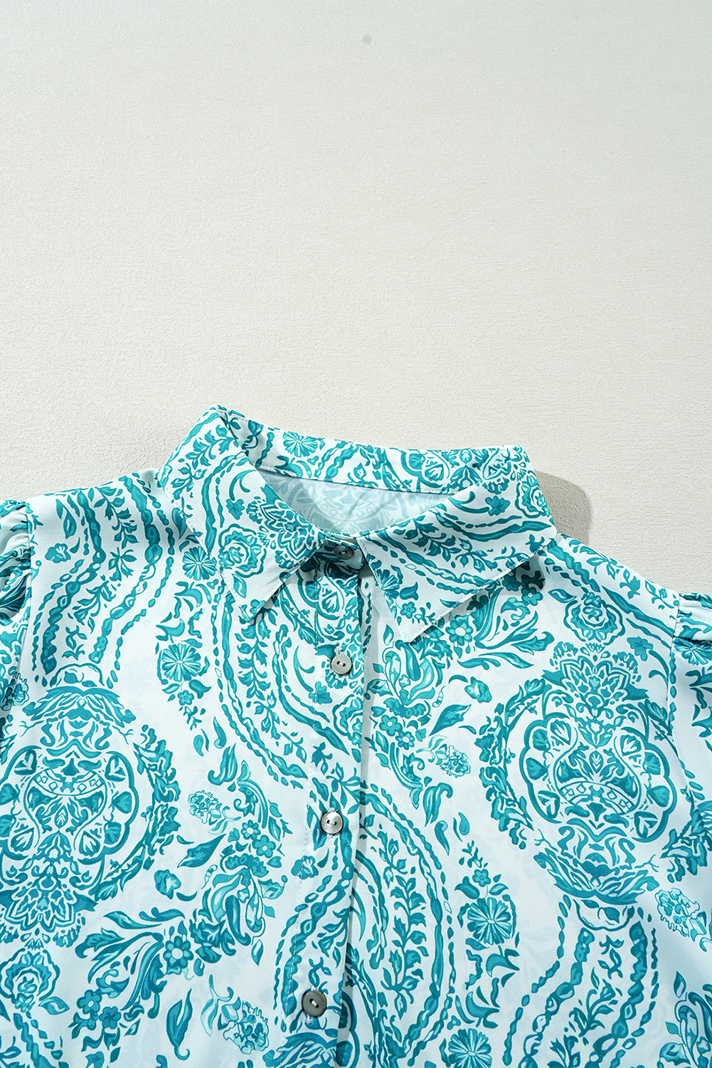 Green Paisley Print Smocked Cuffs Buttoned Loose Shirt