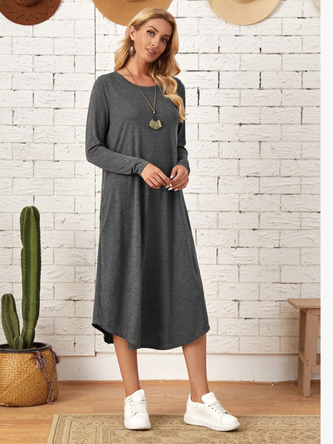 Pocketed Round Neck Long Sleeve Tee Dress