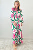 Pink Boho Abstract Button V Neck Oversized Maxi Dress