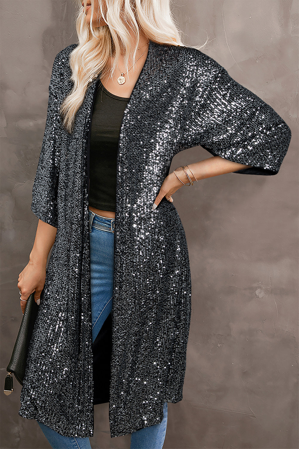 Silvery Sequin 3/4 Sleeve Kimono