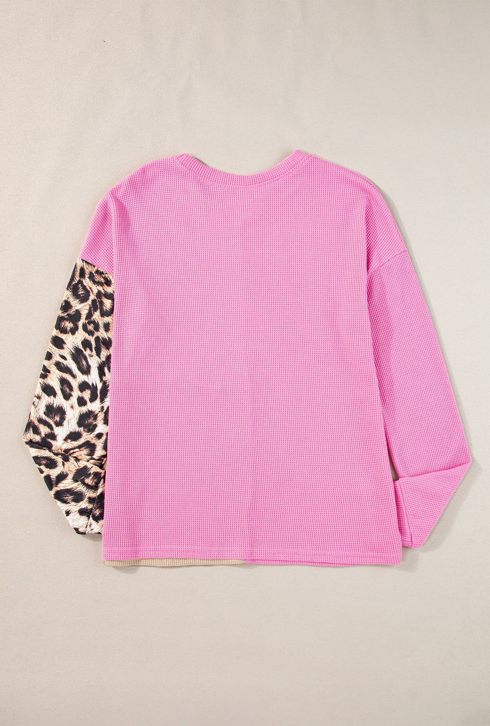 Bonbon Casual Waffle Knit Leopard Contrast Long Sleeve Top