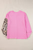 Bonbon Casual Waffle Knit Leopard Contrast Long Sleeve Top