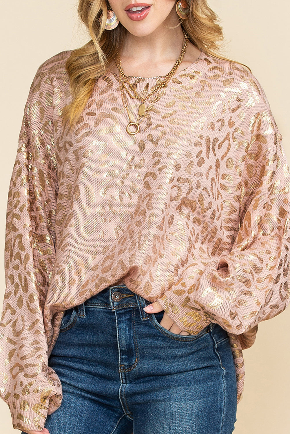 Apricot Leopard Print Drop Shoulder Long Sleeve Pullover Sweater