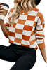 Orange Checkered Crew Neck Drop Shoulder Knit Sweater