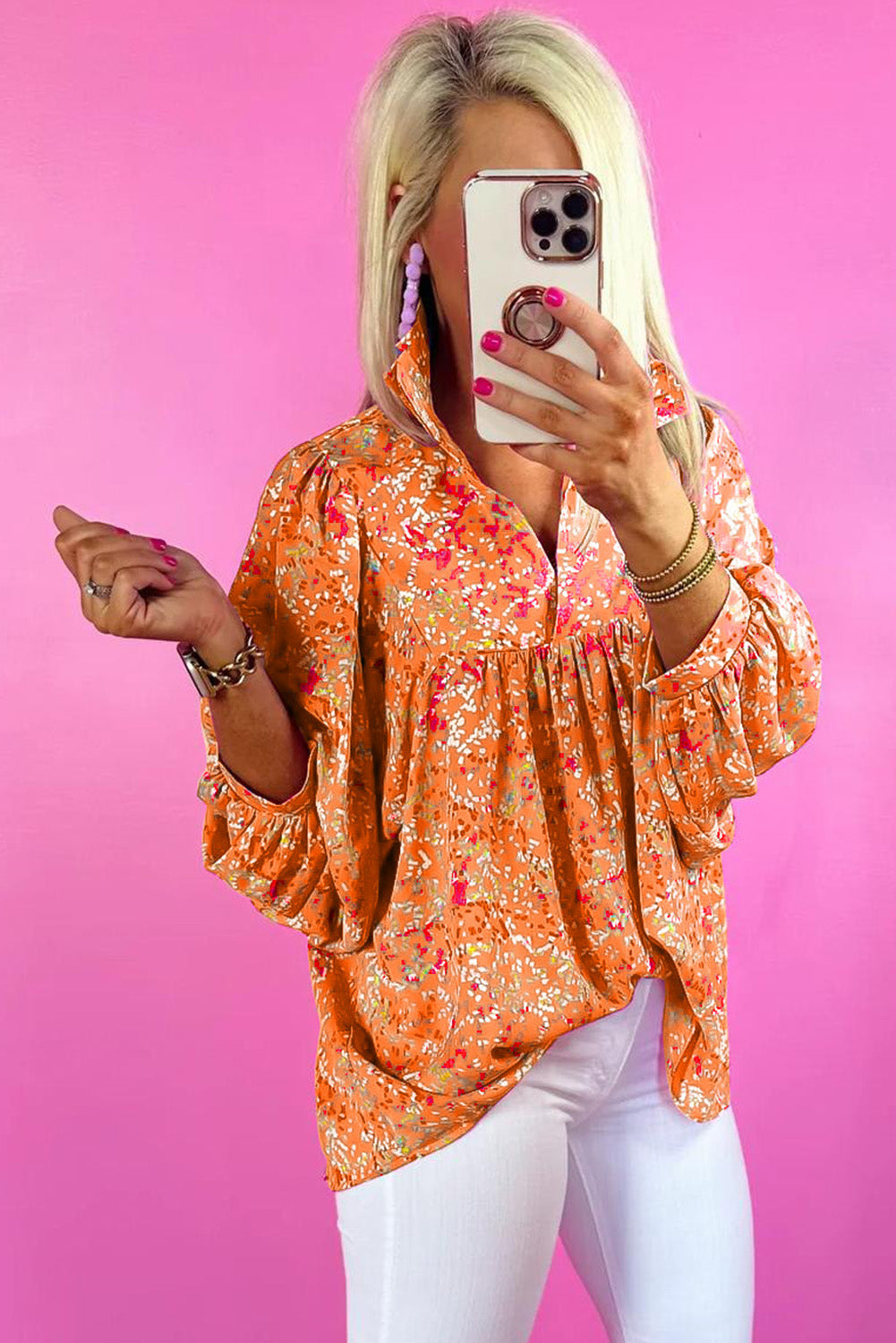 Orange Abstract Print Loose Fit Collared V Neck Babydoll Blouse