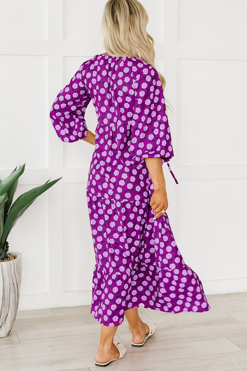 Purple Boho Printed Puff Sleeve Maxi Dress