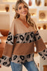 Leopard Colorblock Patchwork V-Neck Loose Sleeve Knit Top