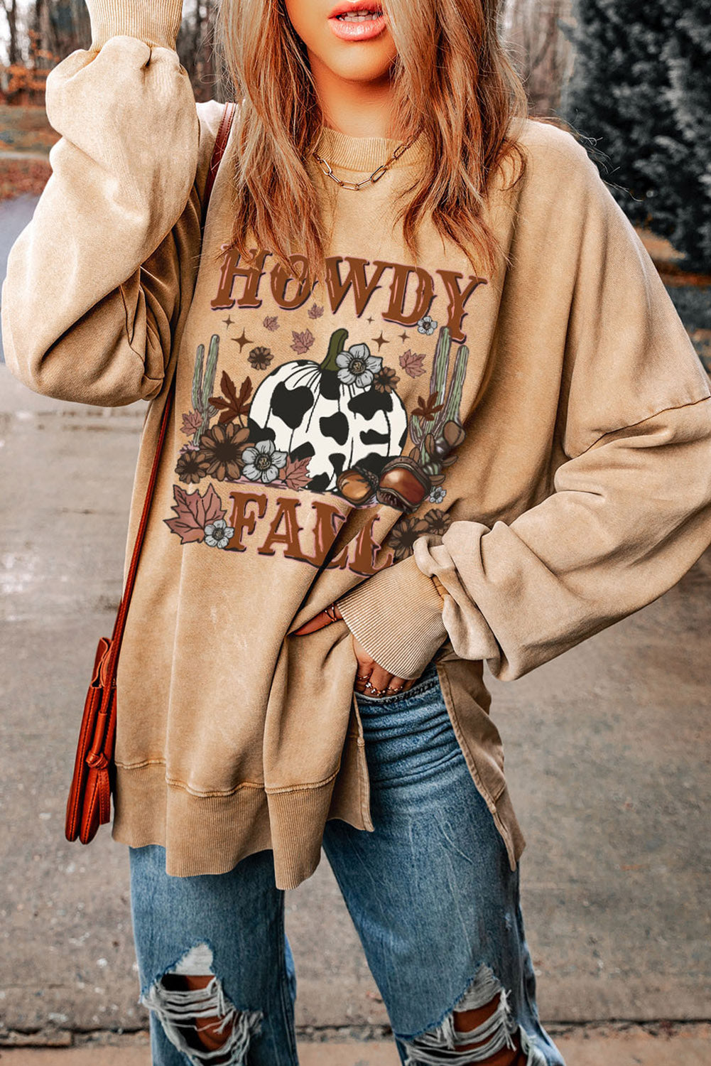 Khaki HOWDY FALL Pumpkin Print Split Hem Graphic Sweatshirt