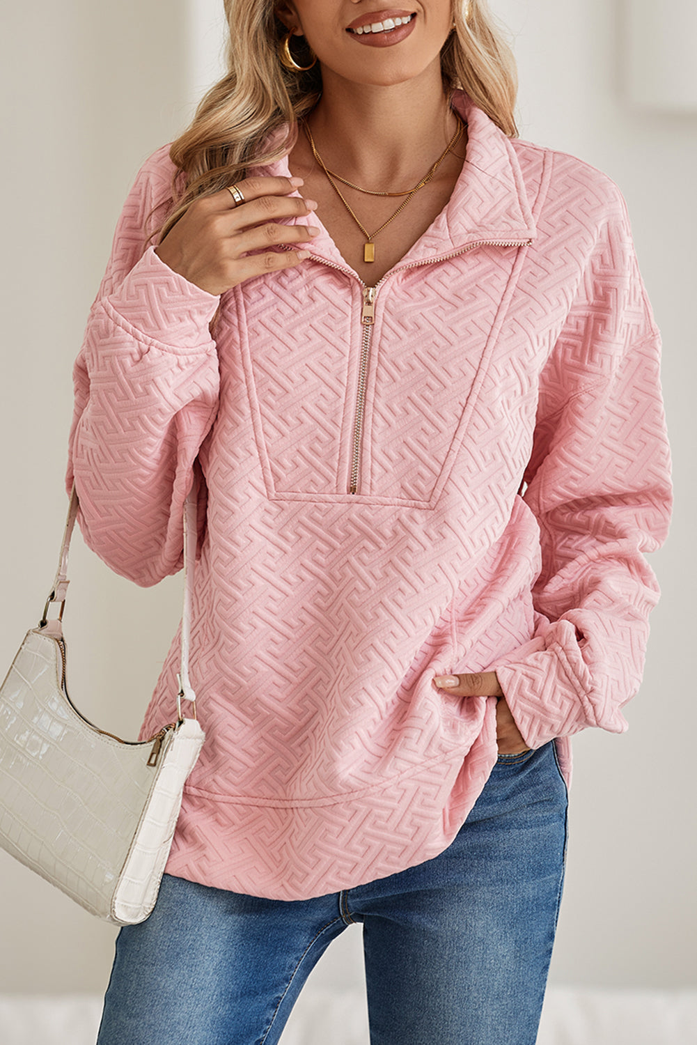 Light Pink Solid Textured Half Zipper Collared Sweatshirt