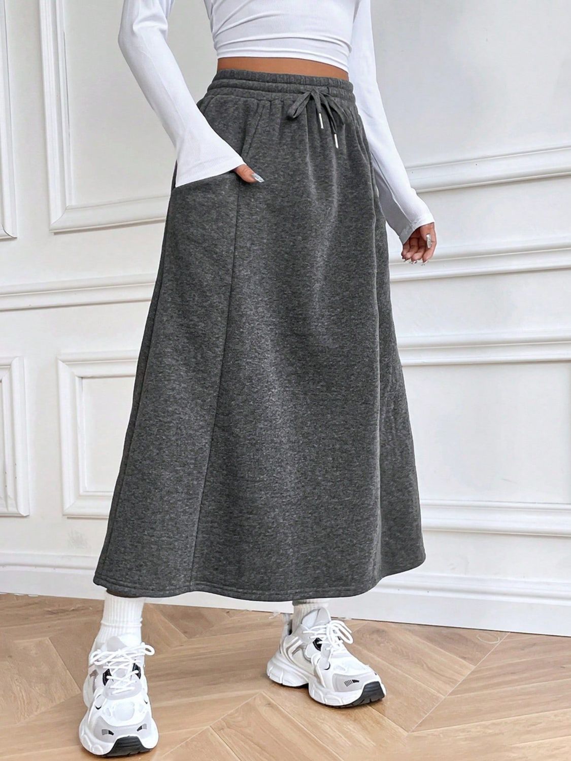 Drawstring Midi Skirt with Pockets