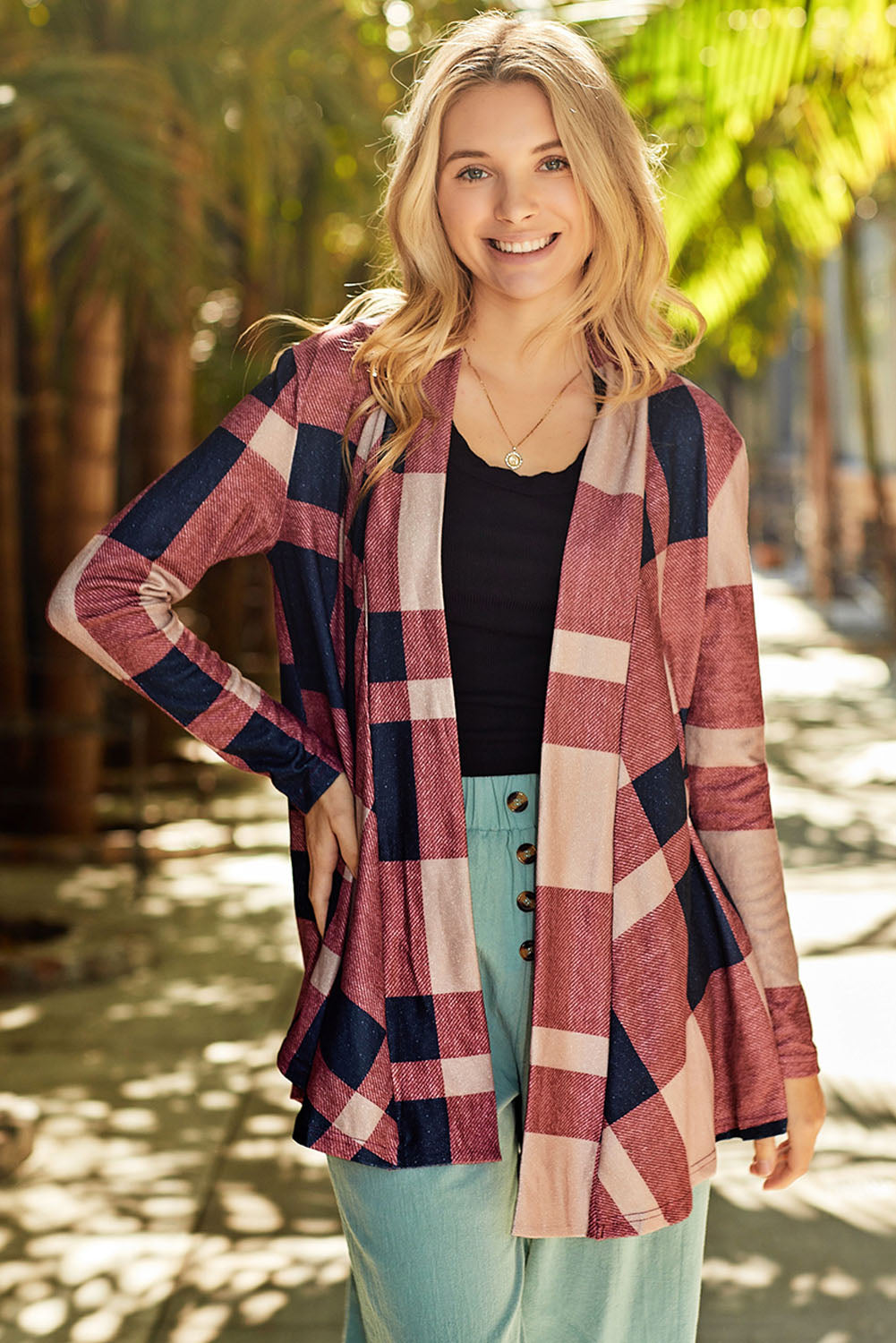 Red Plaid Casual Draped Open Front Cardigan