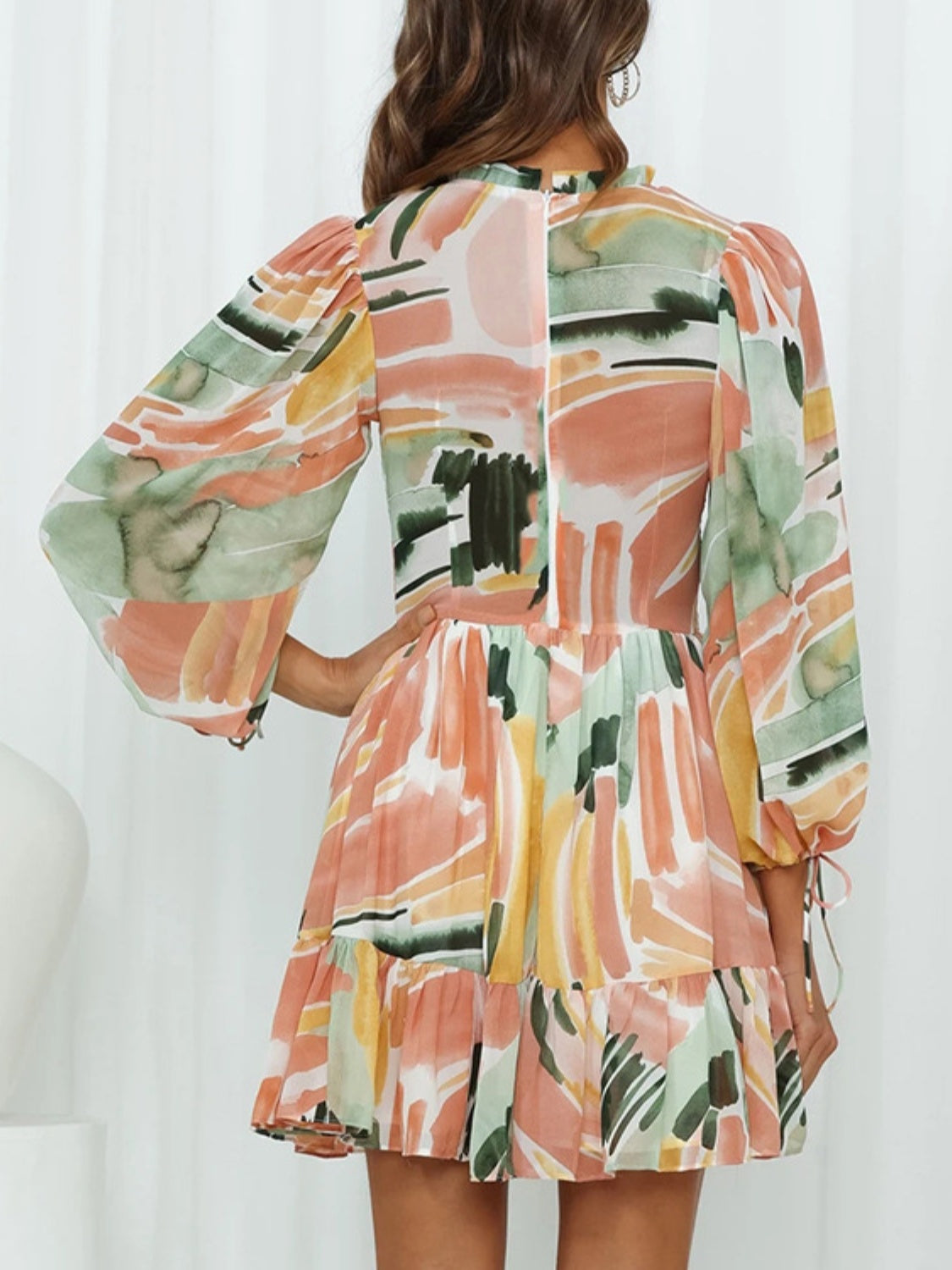 Printed Mock Neck Balloon Sleeve Mini Dress