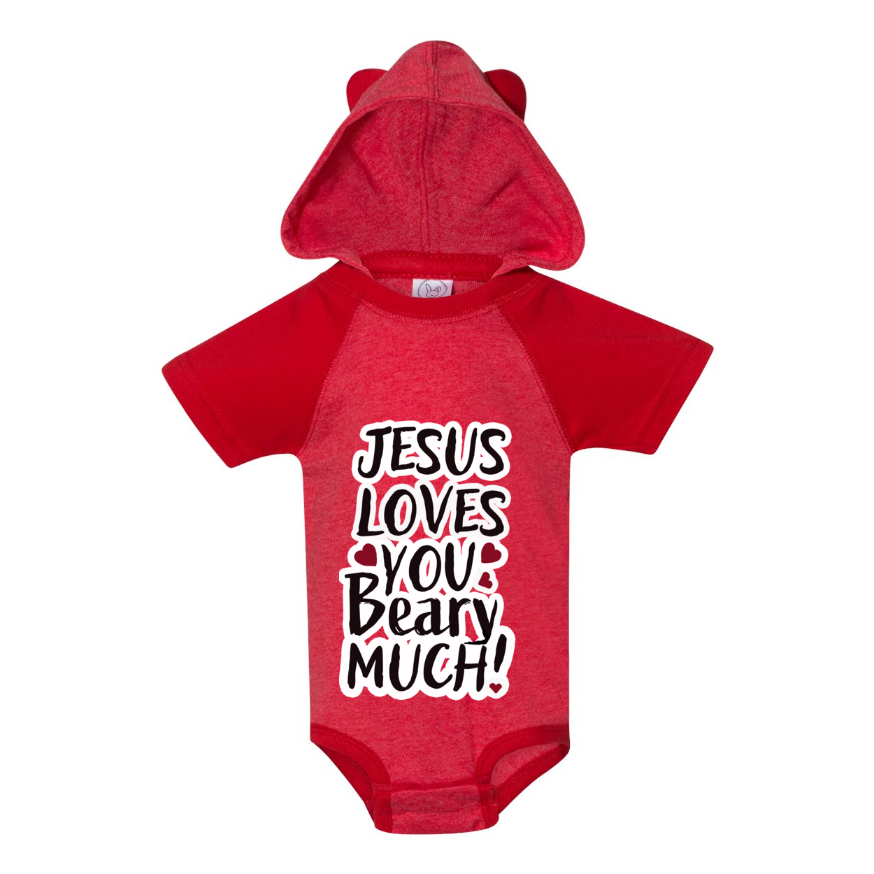 Jesus Loves  You Beary Much! Short Sleeve Raglan Bodysuit with Hood & Ears