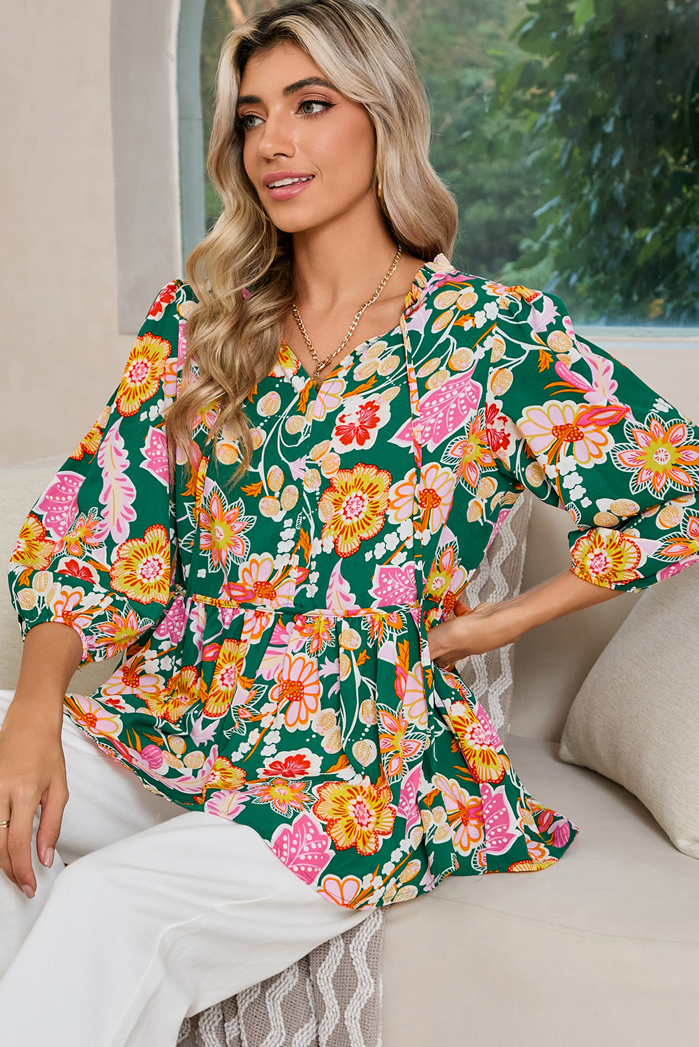 Green Floral Print V Neck Boho Babydoll Top