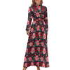 Plaid Roses Women's Long Sleeves High Neck Dress Casual Long Skirts