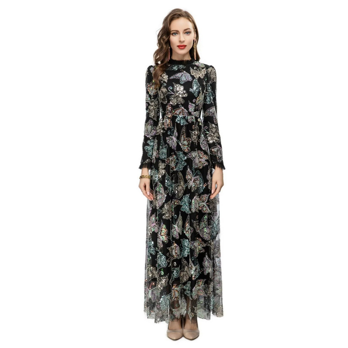 Colorful Sequined Butterfly Pattern Wide Hem Long Sleeve Dress