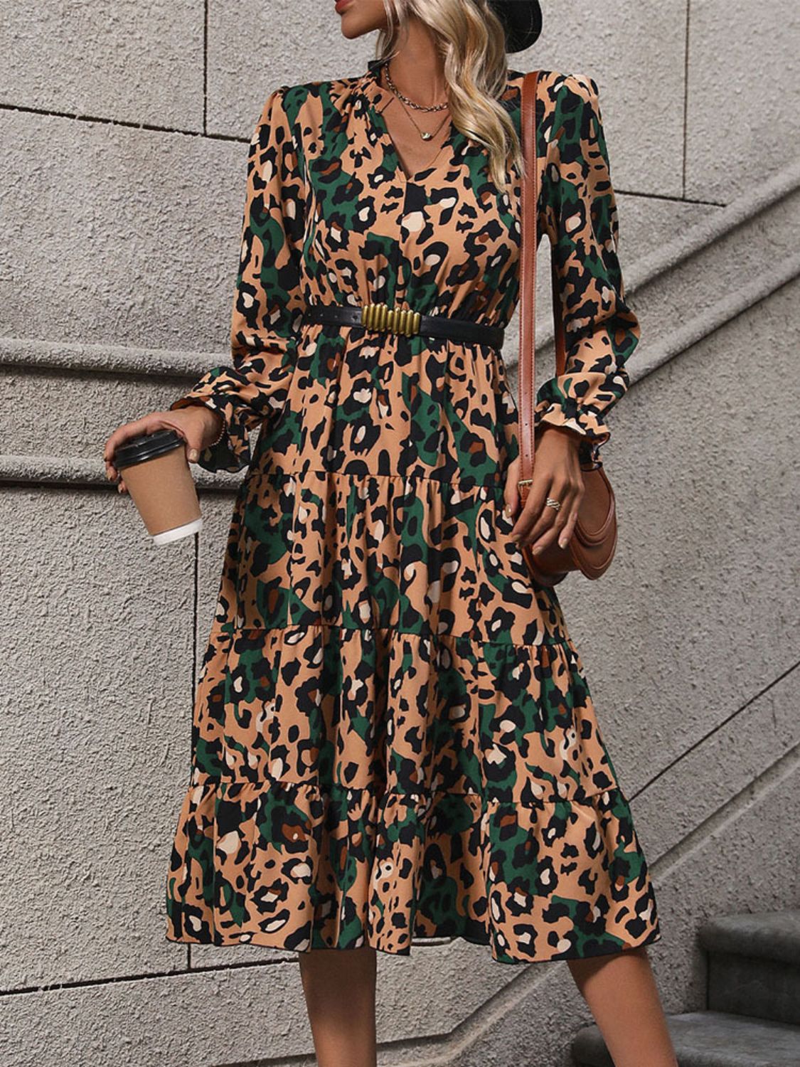 Perfee Leopard Notched Flounce Sleeve Midi Dress