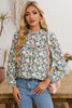 Sky Blue Floral Print Frill Neck Puff Sleeve Blouse