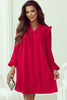 Fiery Red Textured Ruffled Trim V Neck Loose Fit Tunic