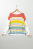 Multicolor Hollow Striped Knit Contrast Sleeve Sweater