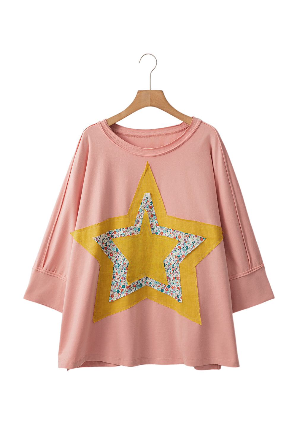 Rose Tan Floral Star Patched Exposed Seam Top