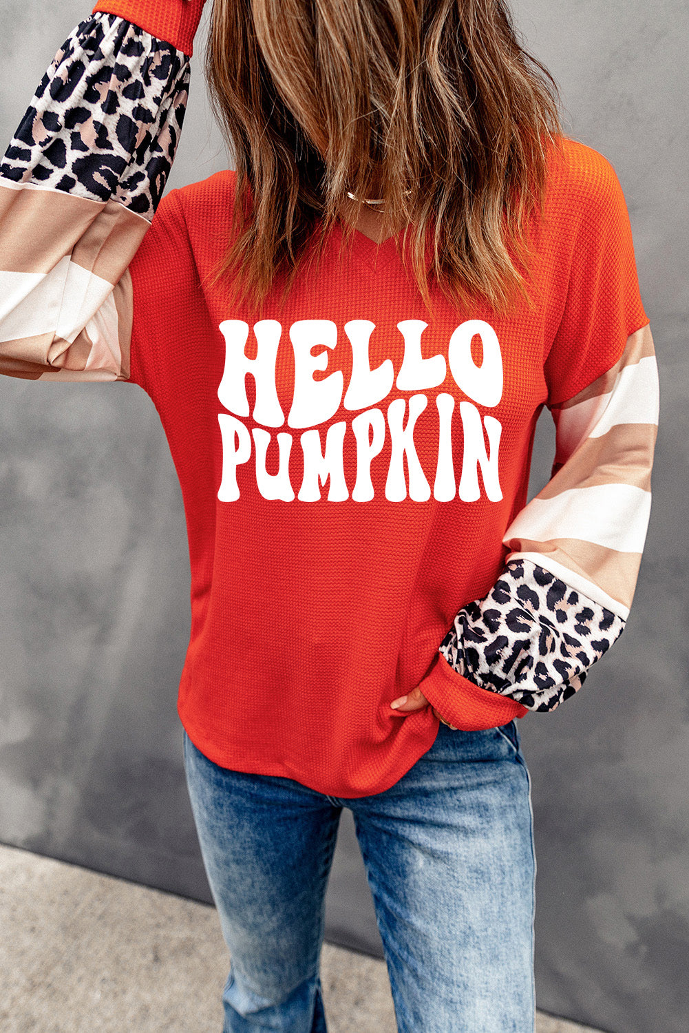 Red Hello Pumpkin Graphic Leopard Striped Colorblock Sleeve Sweatshirt