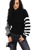 Black Striped Plaid Patchwork Waffle Knit Turtleneck Sweater