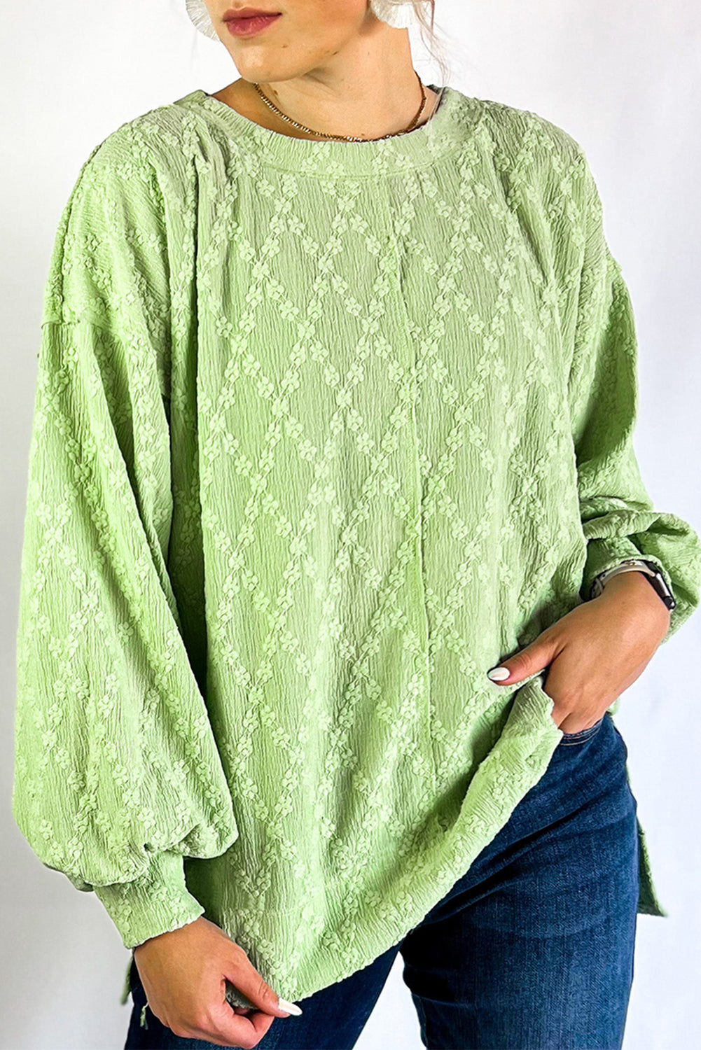 Light Green Textured Side Split Drop Shoulder Sweatshirt