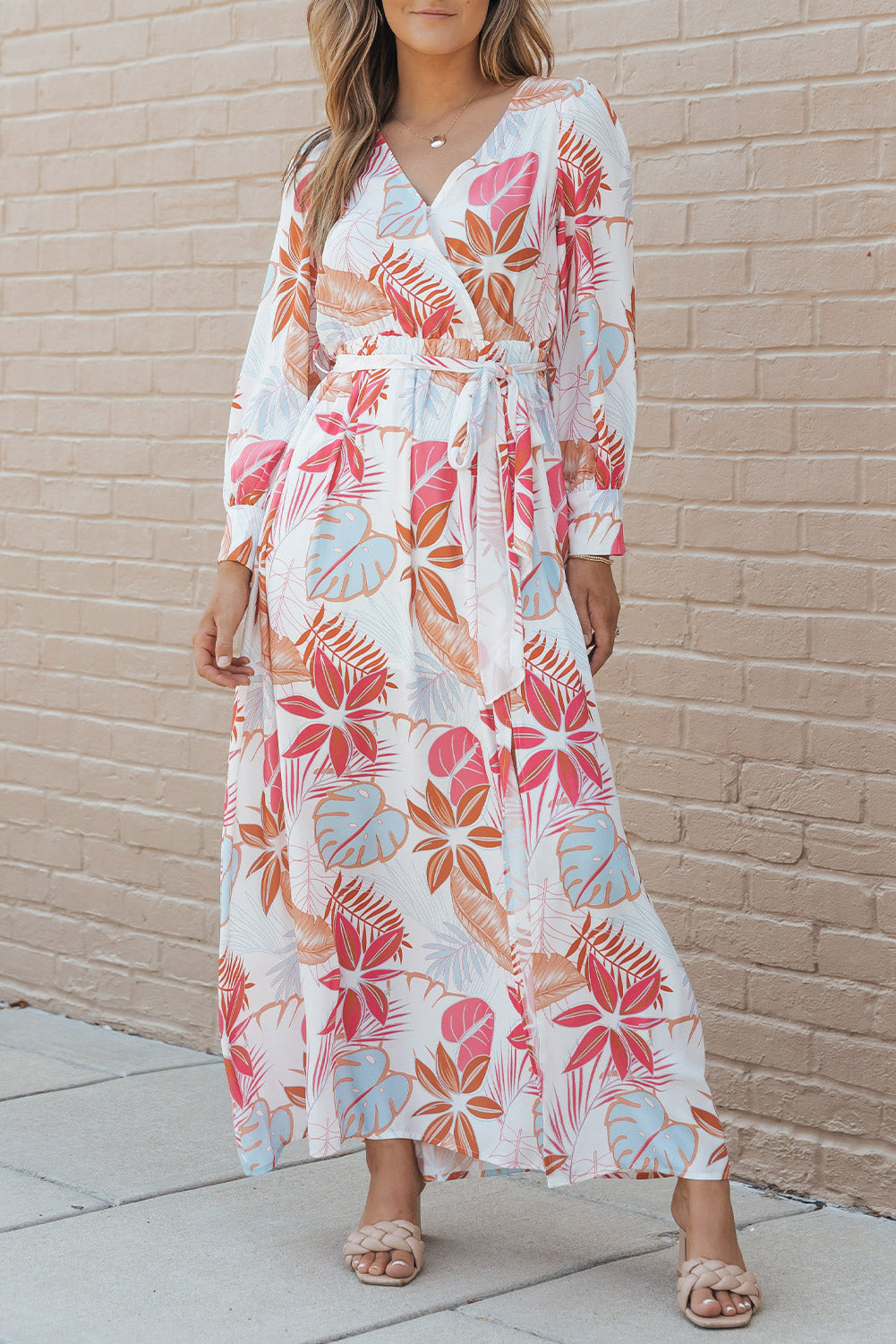 Tropical Plant Print Long Sleeve Wrap V-Neck Slit Maxi Dress