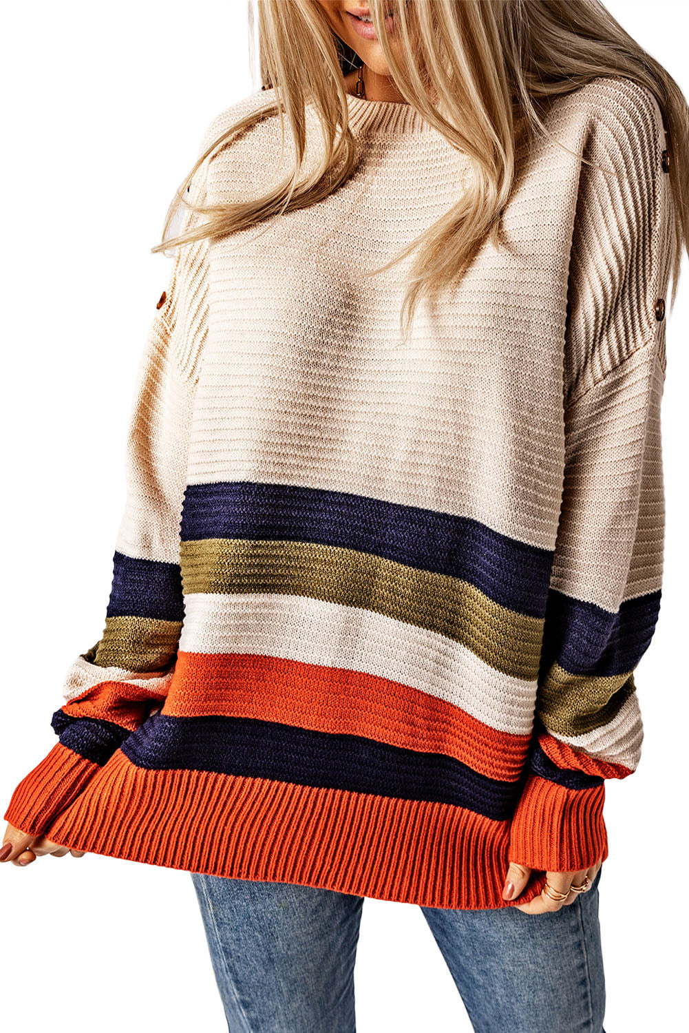 Colorblock Striped Button Drop Shoulder Pullover Sweater