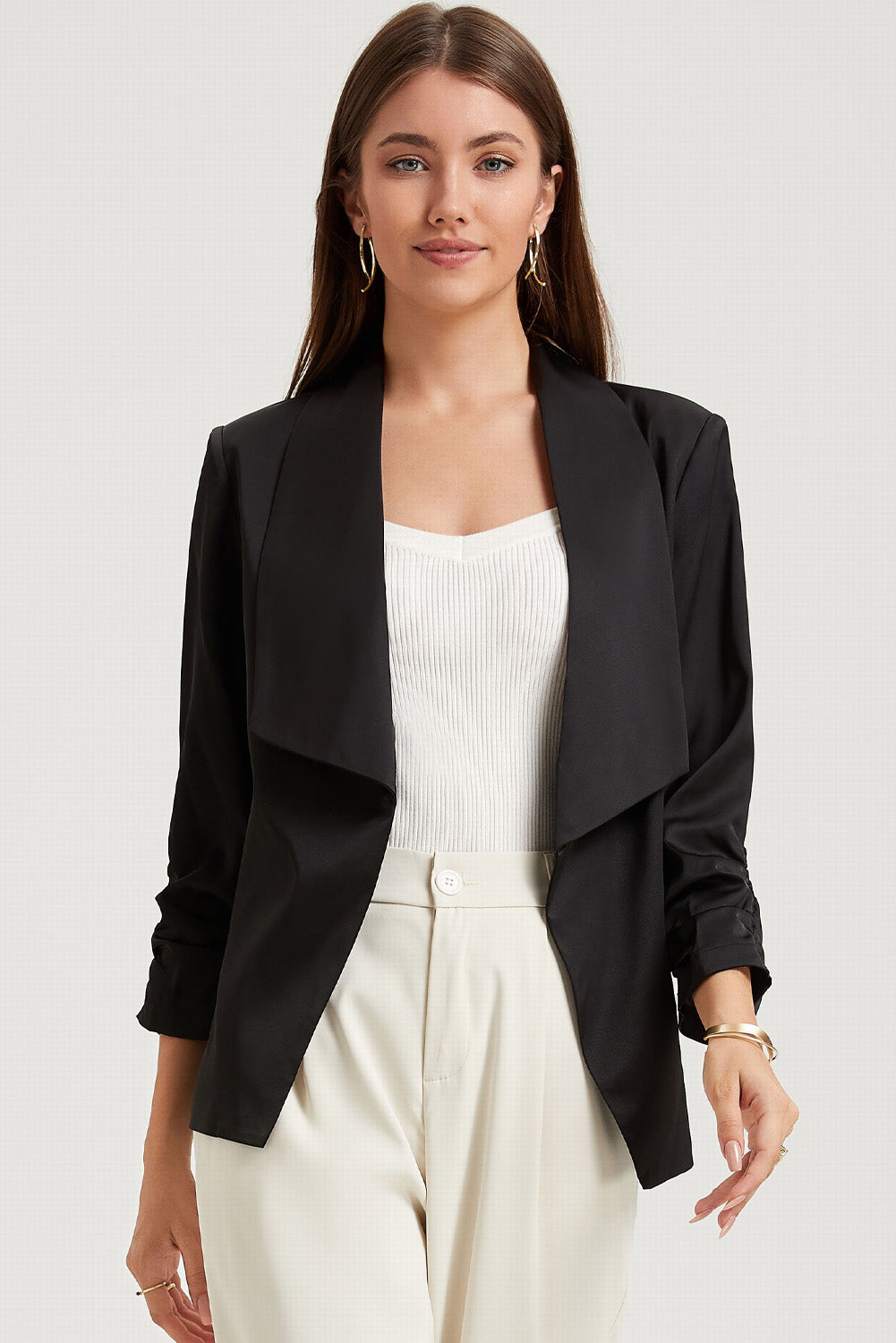 Black Solid Lapel Collar Satin Blazer