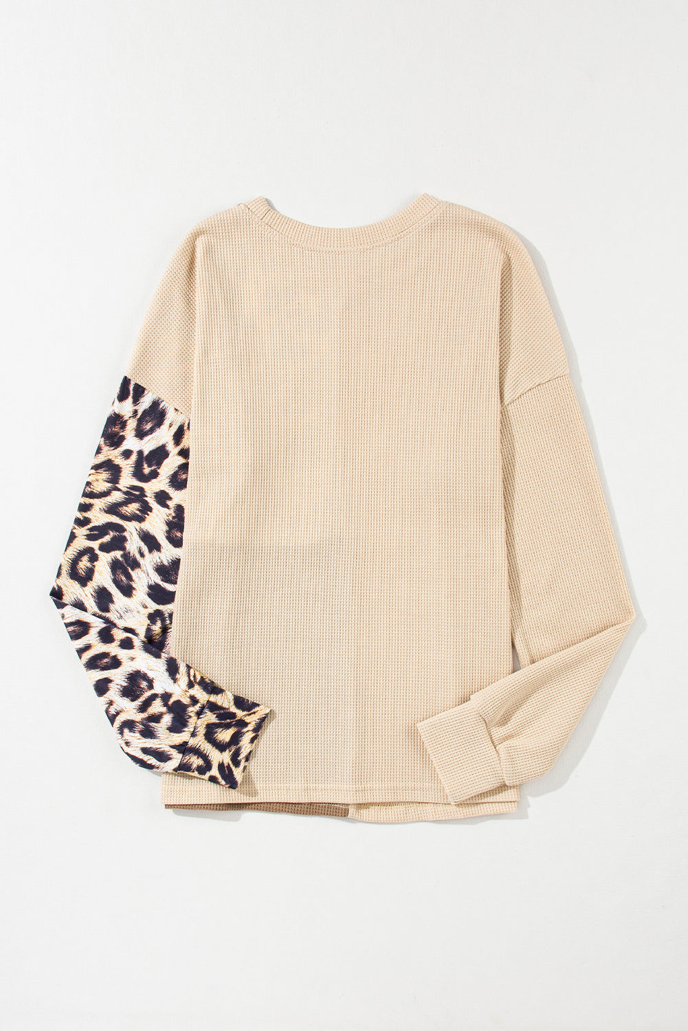 Bonbon Casual Waffle Knit Leopard Contrast Long Sleeve Top