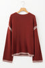 Red Dahlia Color Contrast Trim Drop Shoulder Crew Neck Sweater