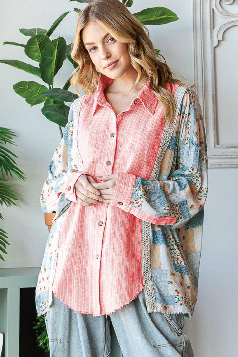 Pink Stripe Floral Patchwork Loose Fit Shirt