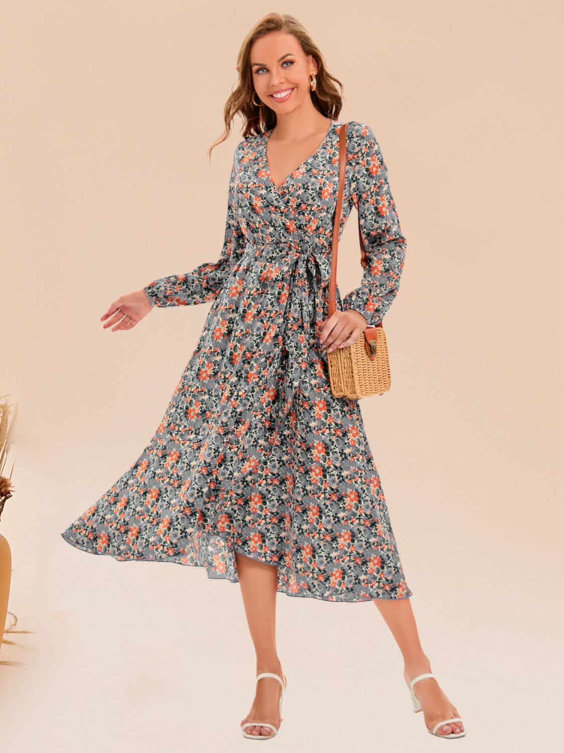 Full Size Printed Surplice Long Sleeve Dress