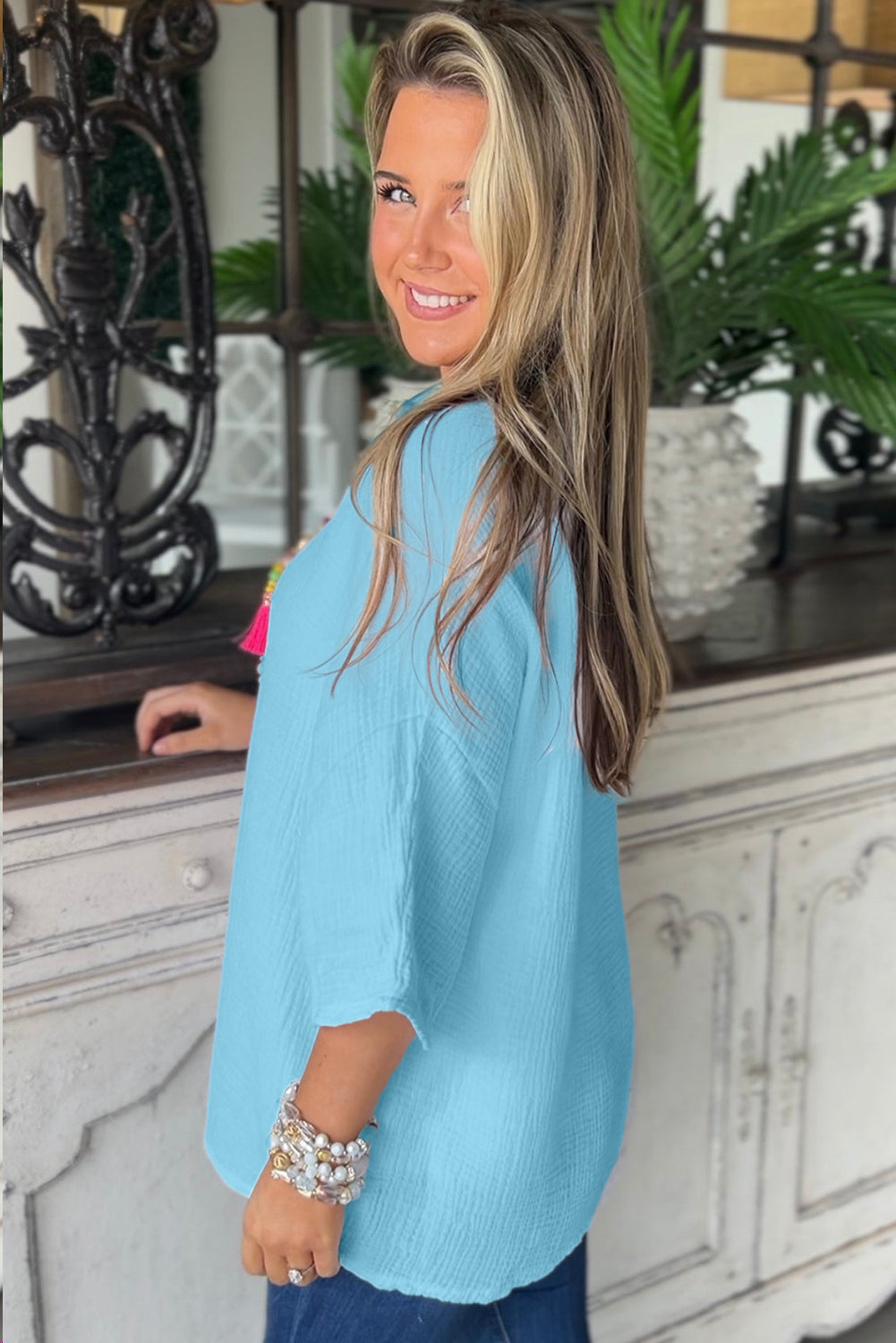 Aruba Blue Plain Crinkled Bracelet Sleeve Flowy Top