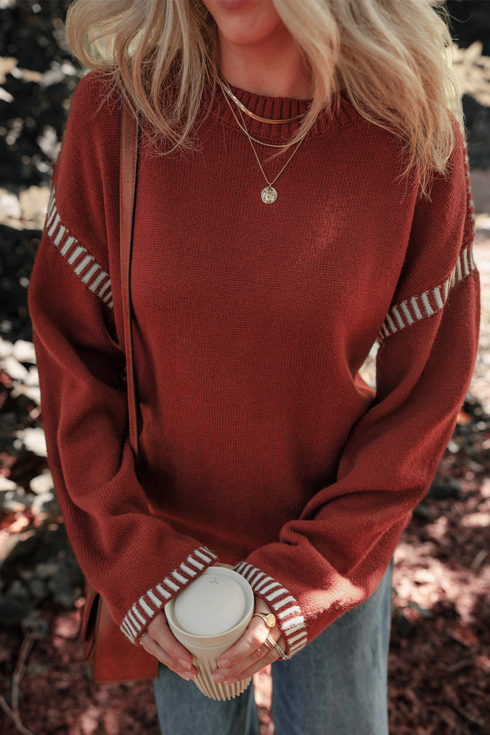 Red Dahlia Color Contrast Trim Drop Shoulder Crew Neck Sweater