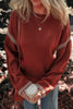 Red Dahlia Color Contrast Trim Drop Shoulder Crew Neck Sweater