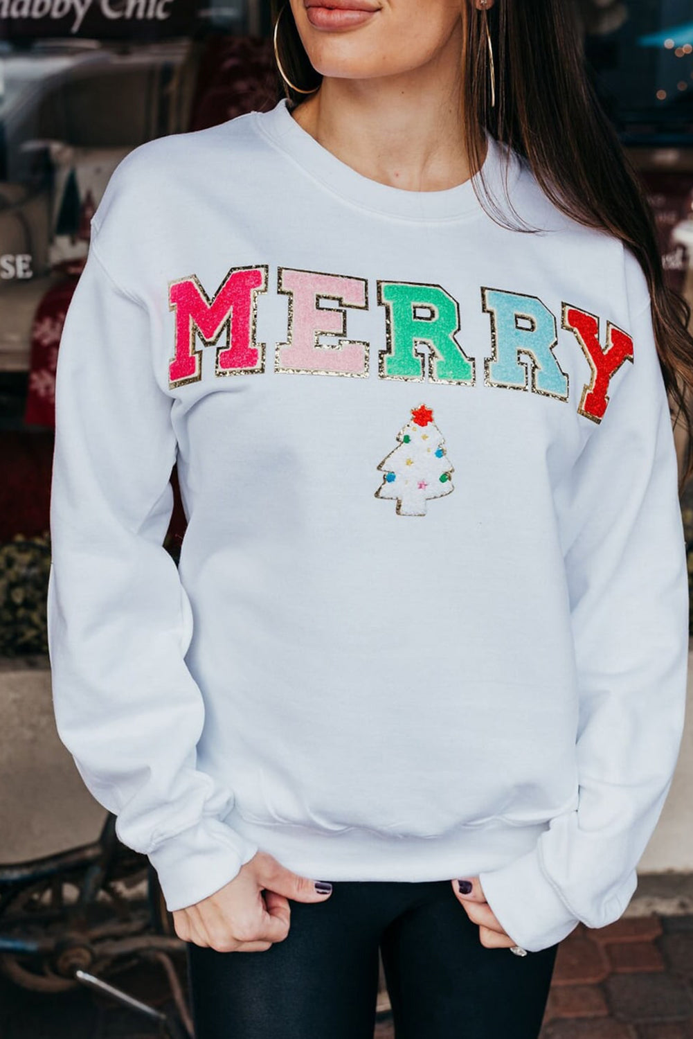 Beige MERRY Christmas Tree Chenille Patch Graphic Sweatshirt