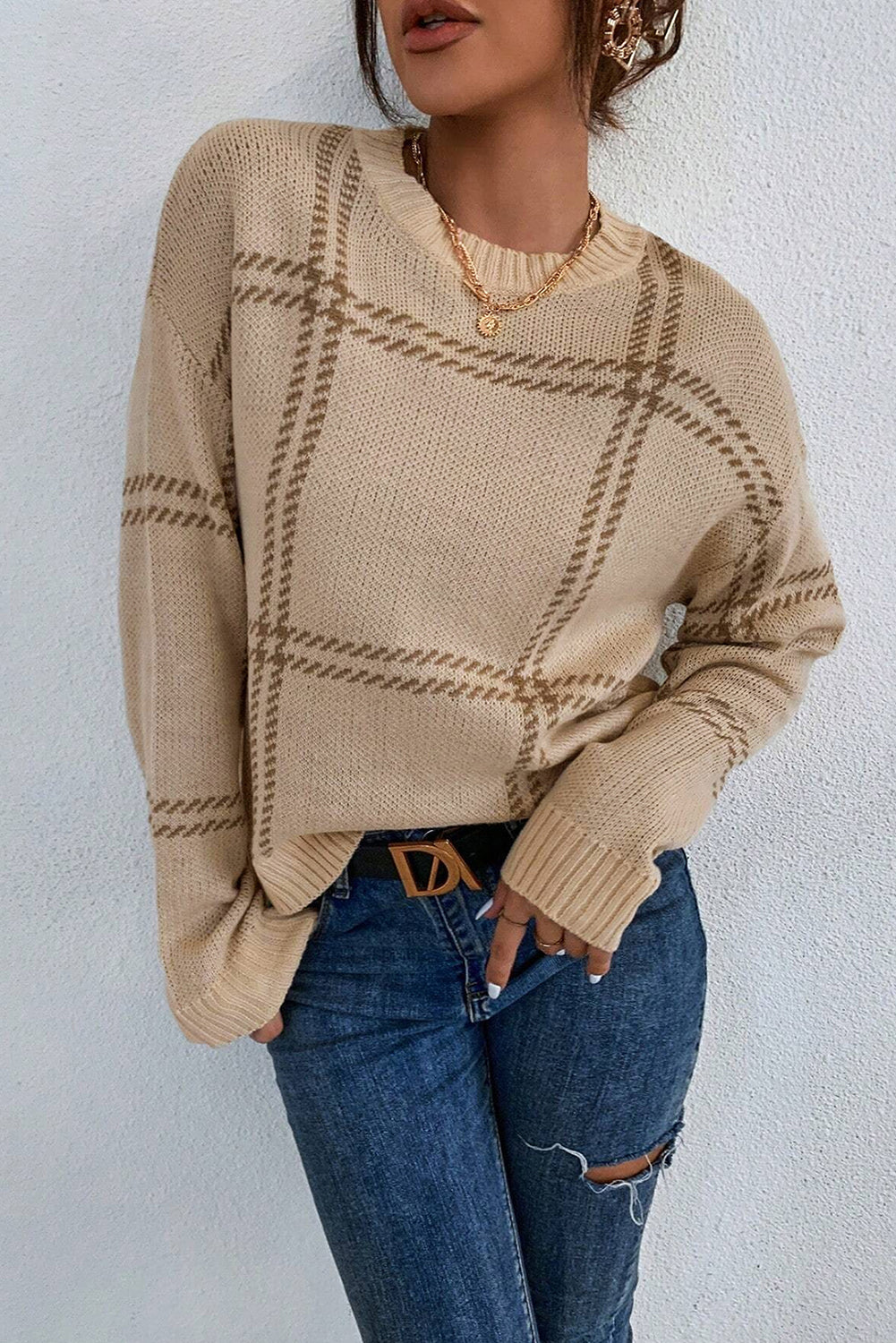 Pink Plaid Pattern Knitted Drop Shoulder Sweater