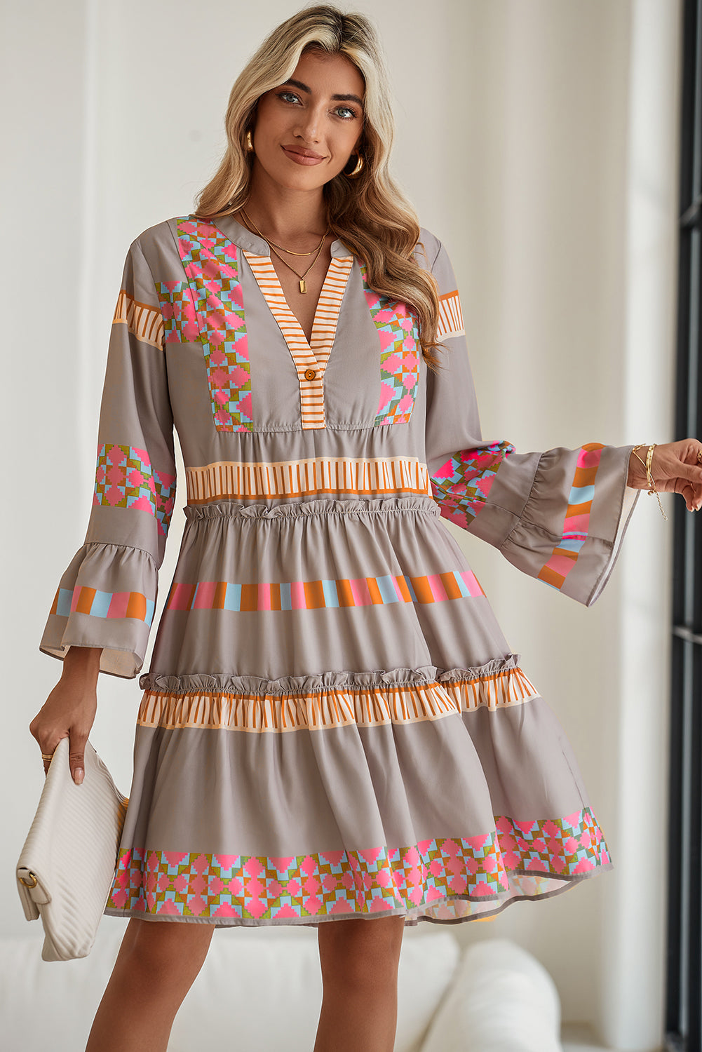 Simply Taupe Ethnic Geometric Print Ruffle Mini Dress