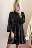 Black Metallic Sheen Puff Sleeve Button Up Mini Shirt Dress