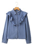 Dusk Blue Denim Button Front Ruffle Decor Long Sleeve Blouse