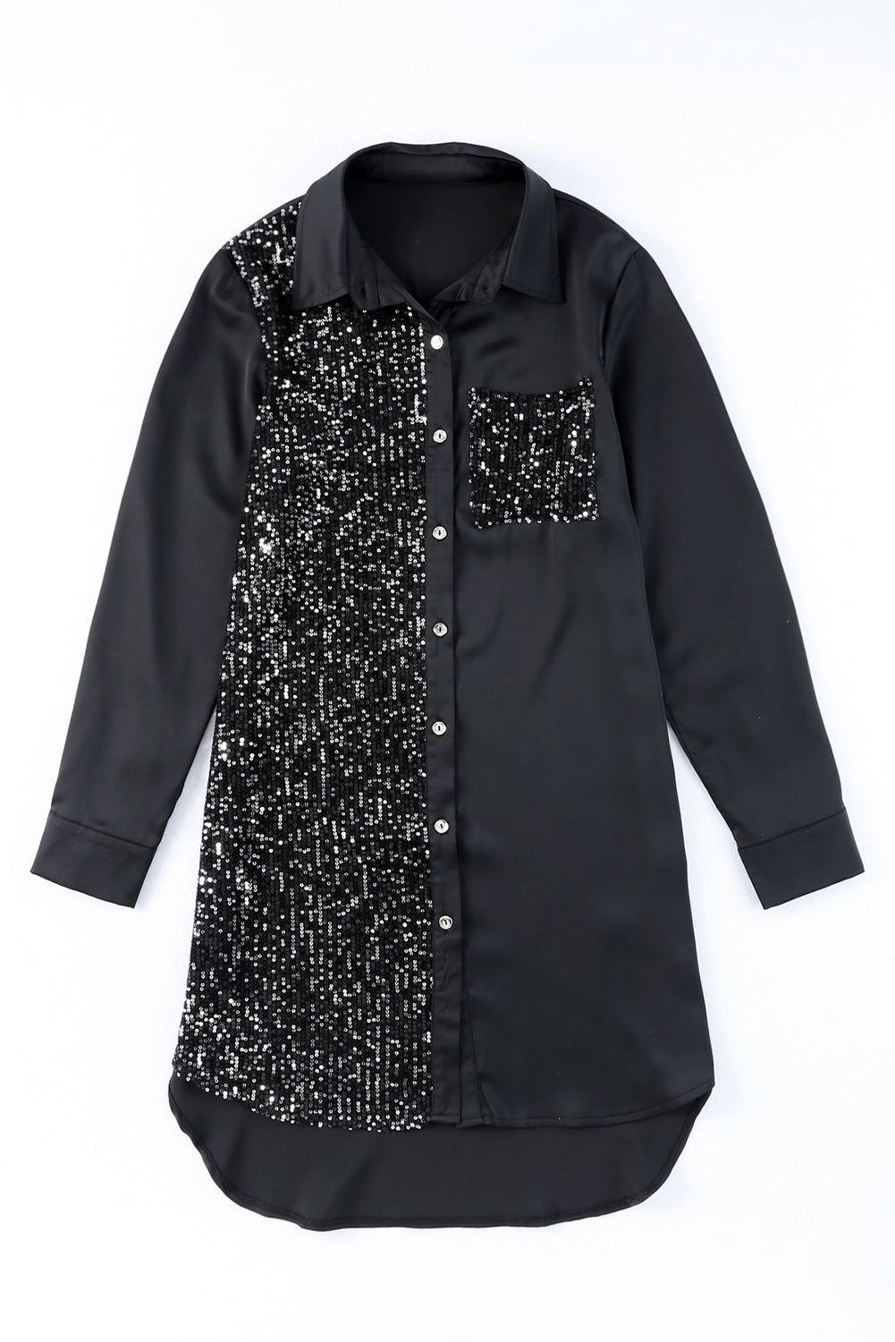 Black Sequin Splicing Pocket Buttoned Shirt Tunic