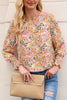 Yellow Floral Print Smocked Cuffs Long Sleeve Blouse